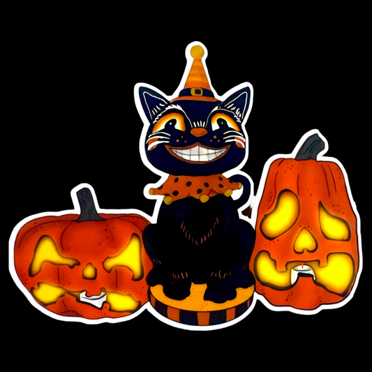 Vintage Halloween Black Cat & Jack-O-Lanterns